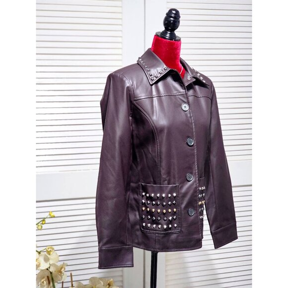 NWOT Dennis Basso Women's Dark Mahogany Faux Leather Studded Jacket Sz XXS 2207 - Picture 3 of 15